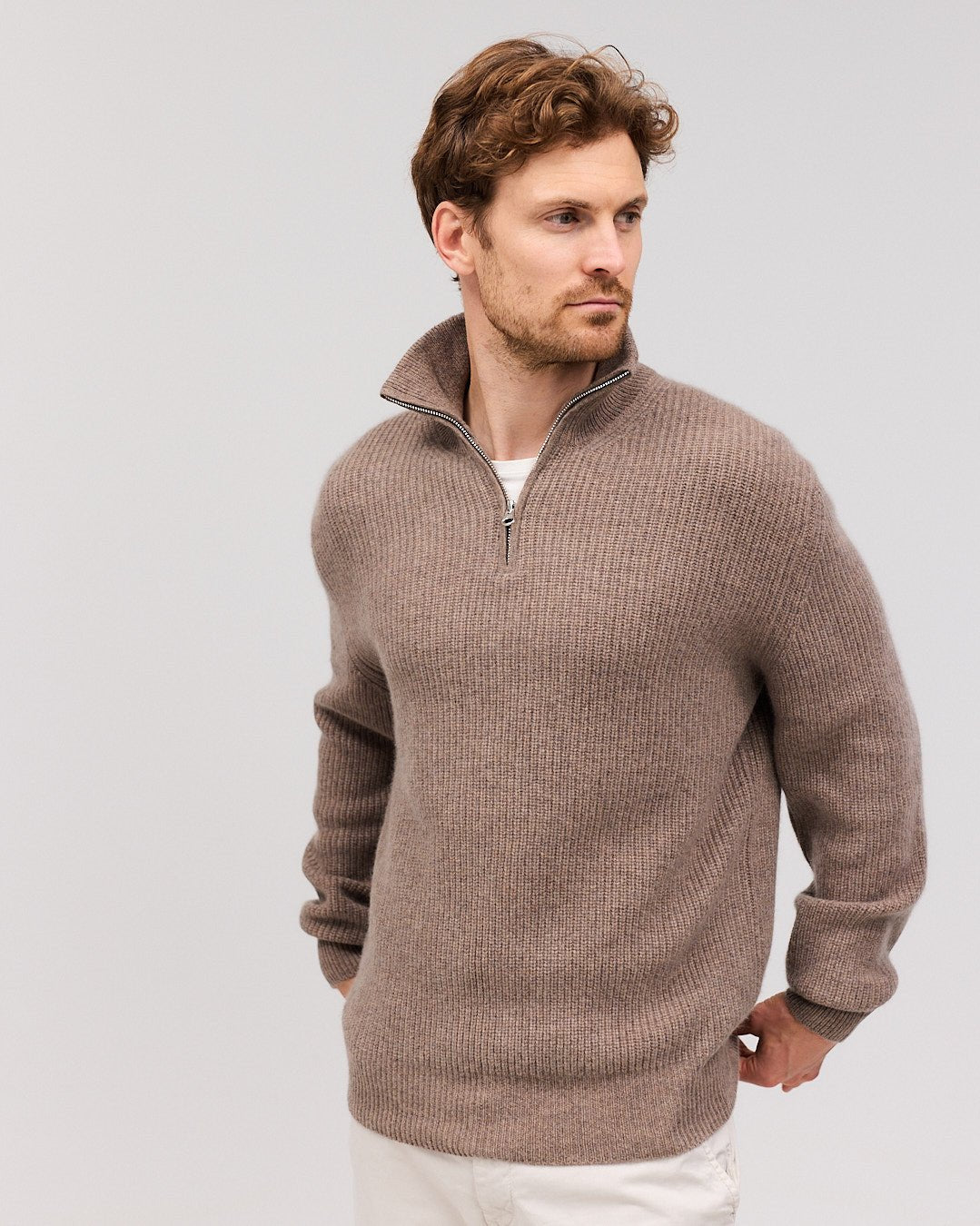 OSKAR cashmere half zip Dark beige - Nordic Weaving