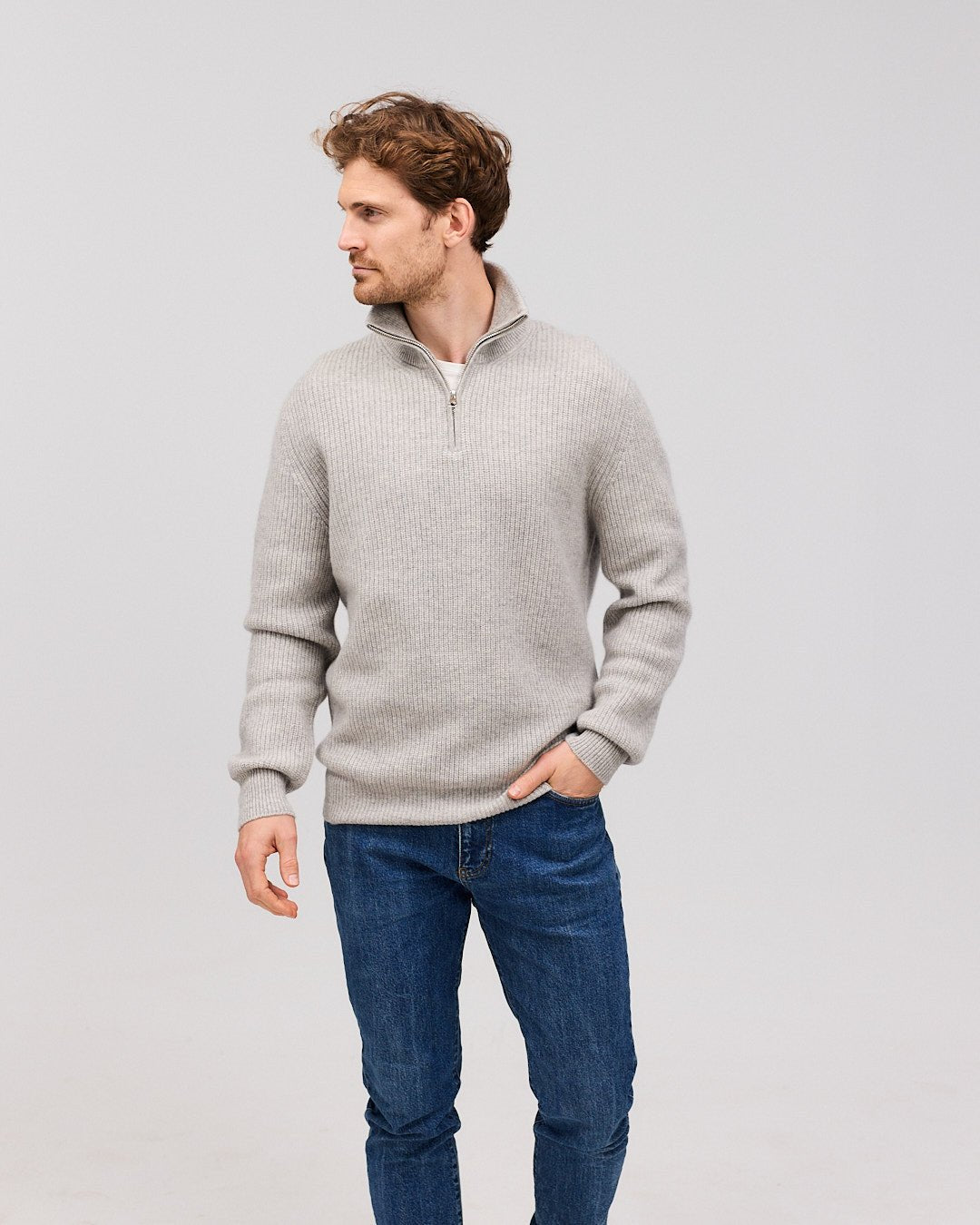 OSKAR cashmere half zip Light grey - Nordic Weaving